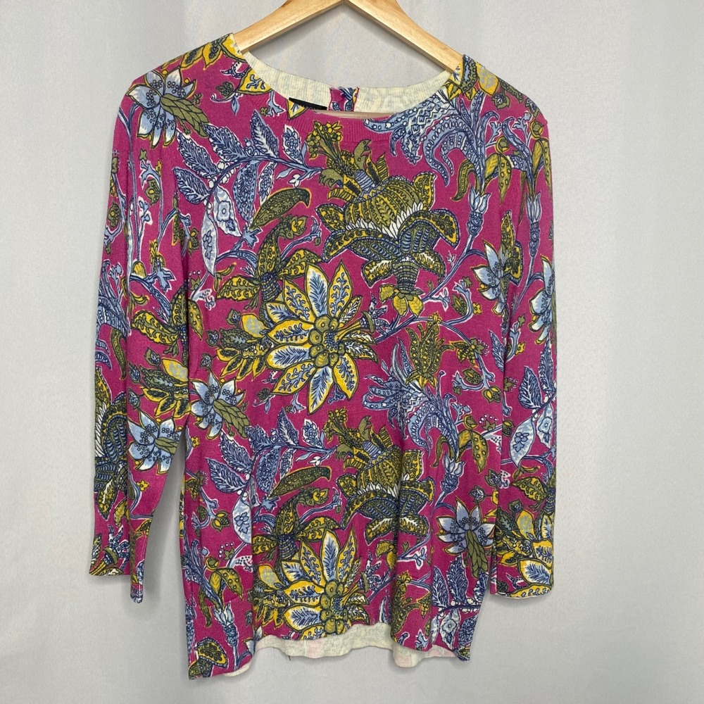 Talbots Womens Pink Floral Paisley Cotton 3/4 Sleeve‎ Sweater NWT Large 1210300